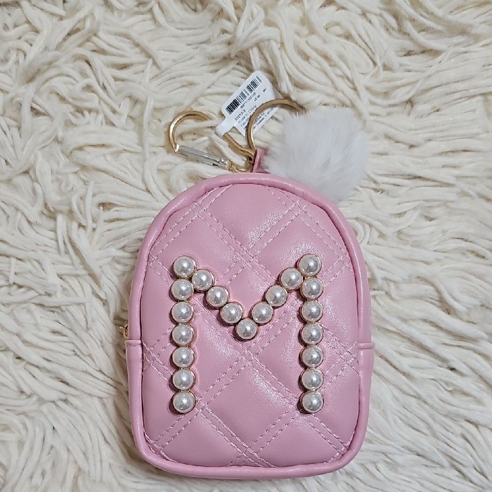 Pink Quilted Mini Backpack Keychain with Pearl Letter M